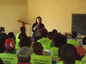 CORE CEO Yuka Iwamura , Talking during workshop for handing over certificates to trained  youths on Do-nou Technology at Makueni County .
